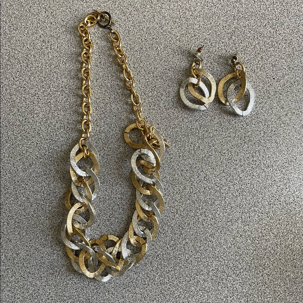 Vintage Gold & Silver Toned Chain Necklace & Earrings Set